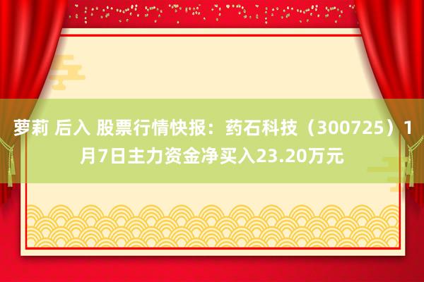 萝莉 后入 股票行情快报：药石科技（300725）1月7日主力资金净买入23.20万元